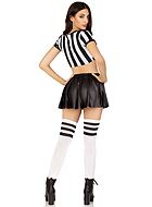 Kvinnelig idrettsdommer, maskeradekostyme med topp og skjørt, korte ermer, folder, loddrette striper